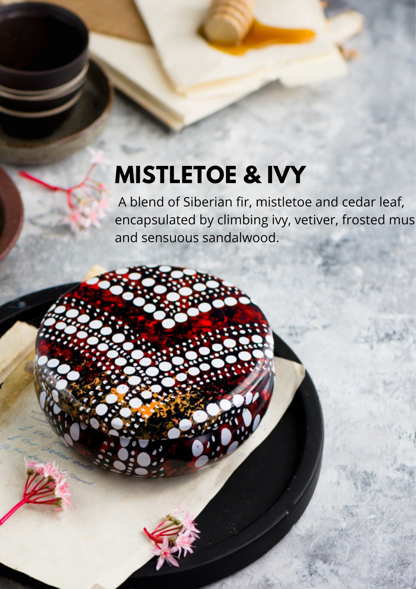 Maroon and White Candle tin filled with Mistletoe and Ivy Candle fragrance