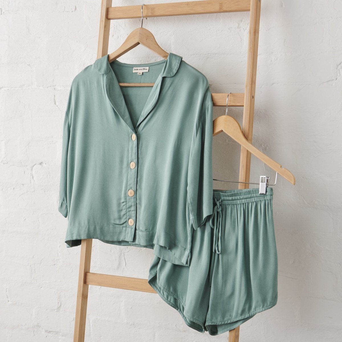 Bamboo Pyjamas - Button Up + Short PJ Set in Sage Green