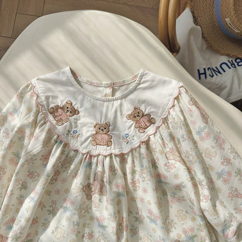 Arrival Autumn Girls Flowers and Teddy Bears Pattern Long Sleeves Dress